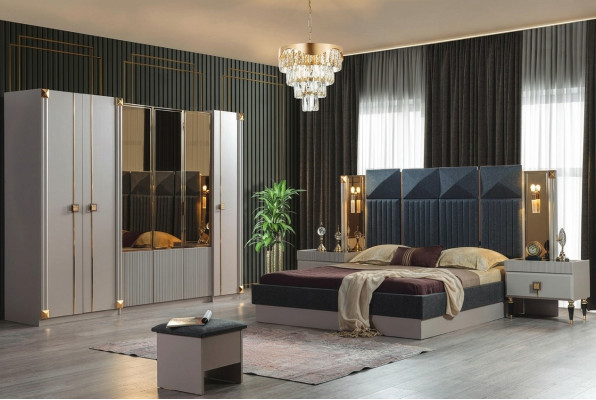 Luxe slaapkamer meubels Gestoffeerd tweepersoonsbed Houten nachtkastjes Kast