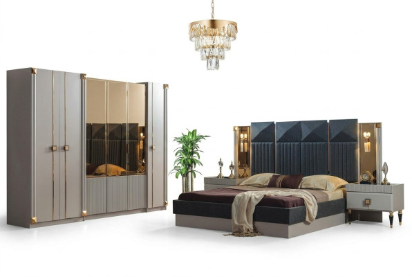 Luxe slaapkamer meubels Gestoffeerd tweepersoonsbed Houten nachtkastjes Kast