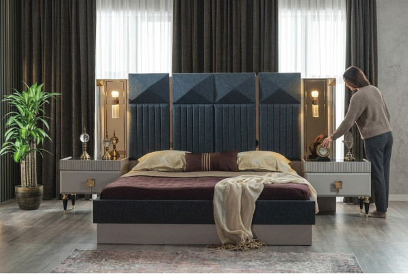 Moderne slaapkamer meubels ontwerper Grijs bed 2x houten nachtkastjes 3-delig