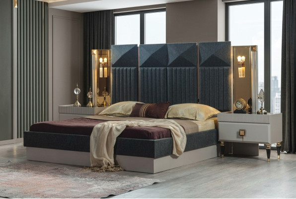Moderne slaapkamer meubels ontwerper Grijs bed 2x houten nachtkastjes 3-delig