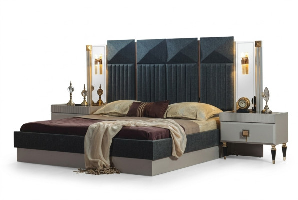 Moderne slaapkamer meubels ontwerper Grijs bed 2x houten nachtkastjes 3-delig