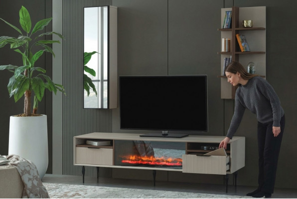 Beige woonkamermeubel Ontwerper TV-kast Wandplank Luxe Houten rek 3-delig set