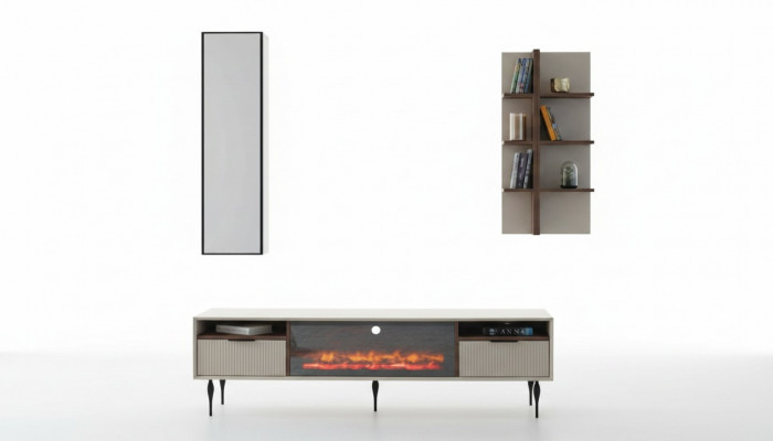 Beige woonkamermeubel Ontwerper TV-kast Wandplank Luxe Houten rek 3-delig set