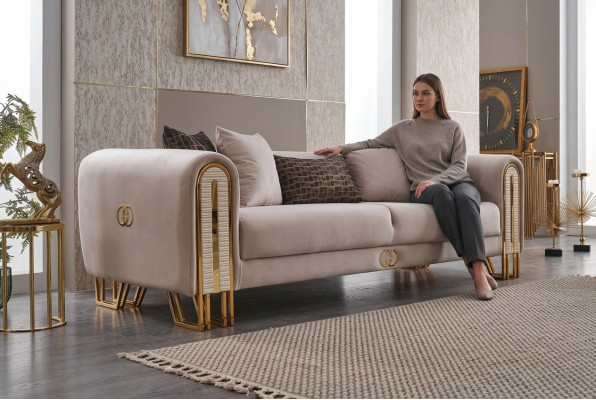 Luxe bankstel Gouden metalen driezitter banken Beklede driezits stof