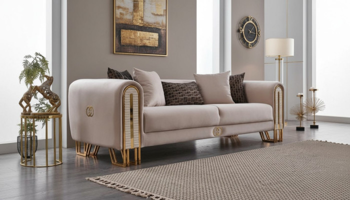 Luxe bankstel Gouden metalen driezitter banken Beklede driezits stof