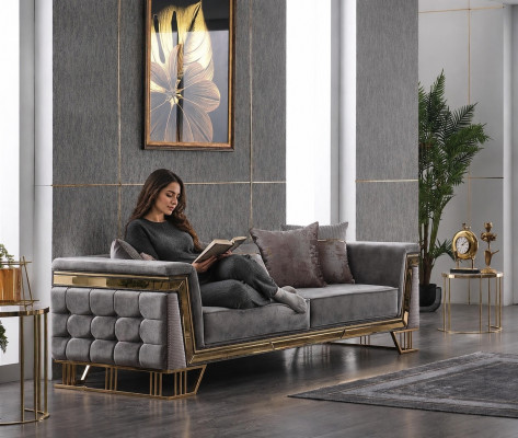 Grijze driezits luxe woonkamerbank ontwerper textielbank zitmeubels