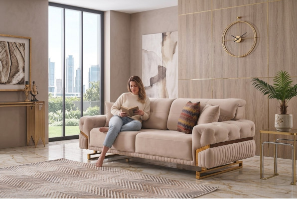 Beige driezits roestvrijstalen meubels woonkamer bank luxe textielbank.