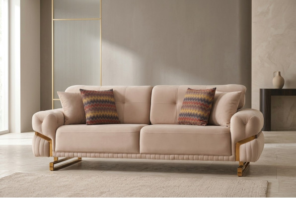 Beige driezits roestvrijstalen meubels woonkamer bank luxe textielbank.