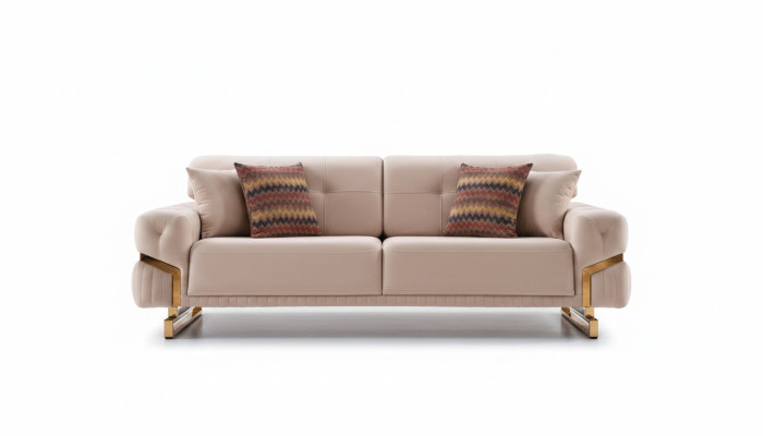 Beige driezits roestvrijstalen meubels woonkamer bank luxe textielbank.