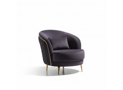 Moderne fauteuil met luxe roestvrijstalen poten voor de woonkamer, zithoek van hout en gestoffeerd meubilair.