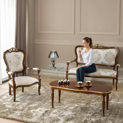 Klassieke zitkamer set Tweepersoons fauteuil Salontafel Designer houten meubels