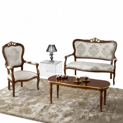Klassieke zitkamer set Tweepersoons fauteuil Salontafel Designer houten meubels