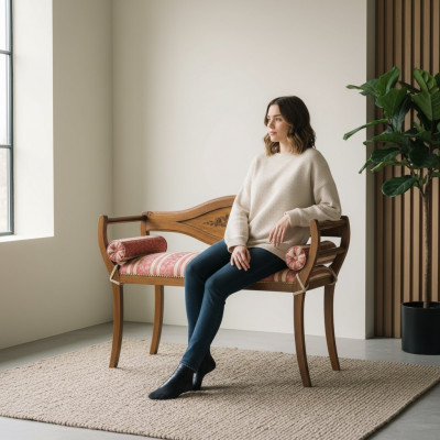 Elegante met de hand gemaakte zitbank met decoratieve rugleuning.