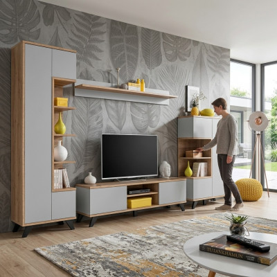 Woonkamerset boekenkast tv-standaard wandplank woonwand houten meubelset 4-delig. --> Woonkamerset boekenkast tv-standaard wandplank woonwand houten meubelset 4-delig.