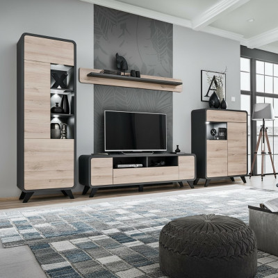 Woonkamerset wandplank tv-standaard houten meubels 2x vitrine woonwand nieuw  Woonkamer set wandplank tv-standaard houten meubels 2x vitrine woonwand nieuw
