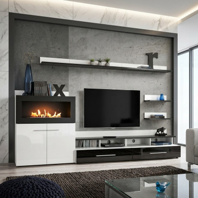 Wandmeubel TV-standaard met ingebouwde open haard, designermeubels, modern.