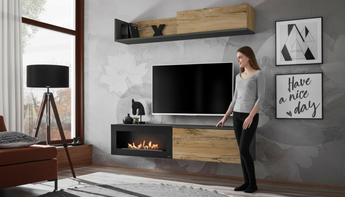 Wandmeubel tv-meubel woonkamer boekenplank TV-standaard met open haard Modern hout Bruin
