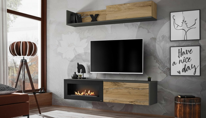 Wandmeubel tv-meubel woonkamer boekenplank TV-standaard met open haard Modern hout Bruin