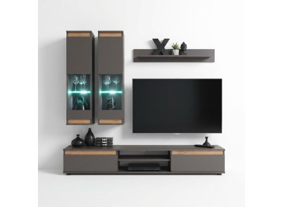 Luxe woonkamer tv-standaard van hout, grijs meubilair, wandkast.