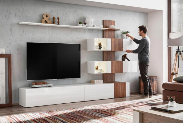 Moderne woonkamer luxe inrichting tv-standaard muurrekken