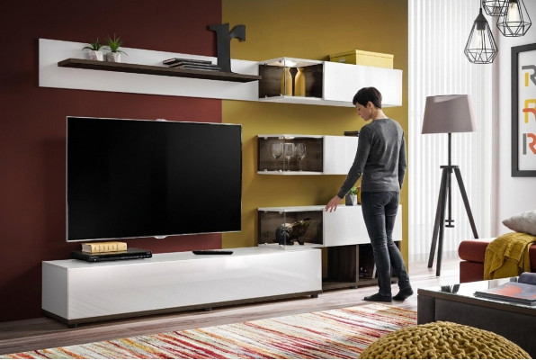 Woonkamerontwerp wandplank tv-standaard plank woonkamer houten inrichting