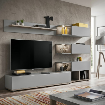 Grijze woonkamer wandmeubel hout rtv tv-standaard modern design inrichting.