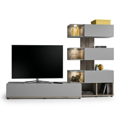 Grijze woonkamer wandmeubel hout rtv tv-standaard modern design inrichting.