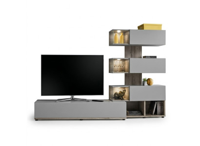 Grijze woonkamer wandmeubel hout rtv tv-standaard modern design inrichting.