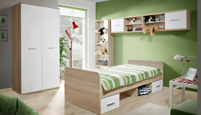 Kinderkamer compleet bed kledingkast boekenplank wandplank set 5-delig