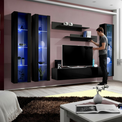 Zwart woonwand hangende vitrine set 6-delig woonkamerset modern houten meubels