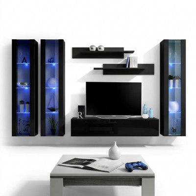 Zwart woonwand hangende vitrine set 6-delig woonkamerset modern houten meubels