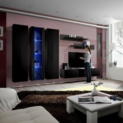 Houten meubels woonkamer wandkast zwart tv-standaard set hangende vitrine