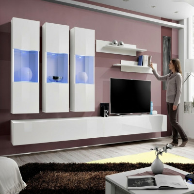 Woonkamer RTV hangende vitrine woonwand houten design wit modern nieuw set 7-delig.
