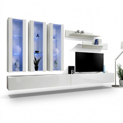Wit woonwand ontwerper hangende vitrine TV-standaard dressoir hout modern.