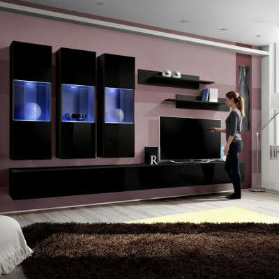 Set 7-delige woonkamer houten meubels 2x tv-standaard Moderne wandplanken Zwart