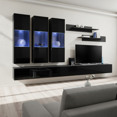 Set 7-delige woonkamer houten meubels 2x tv-standaard Moderne wandplanken Zwart