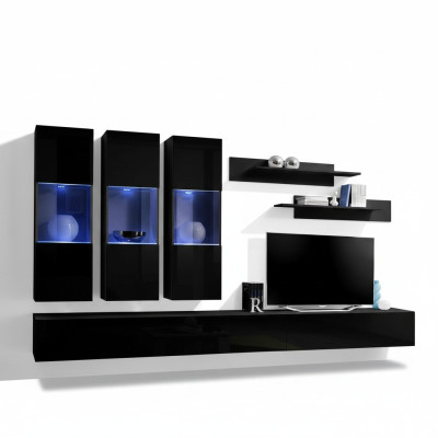 Set 7-delige woonkamer houten meubels 2x tv-standaard Moderne wandplanken Zwart