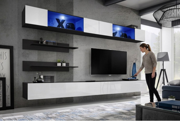 Houten meubel woonkamer 2x wandkast wandplanken design set inrichting