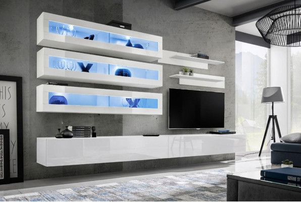 Garnituur 7-delige Woonkamerset in designer stijl met woonwand, tv-standaard en 2 muurrekken.