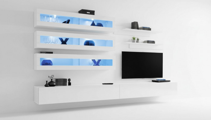 Garnituur 7-delige Woonkamerset in designer stijl met woonwand, tv-standaard en 2 muurrekken.