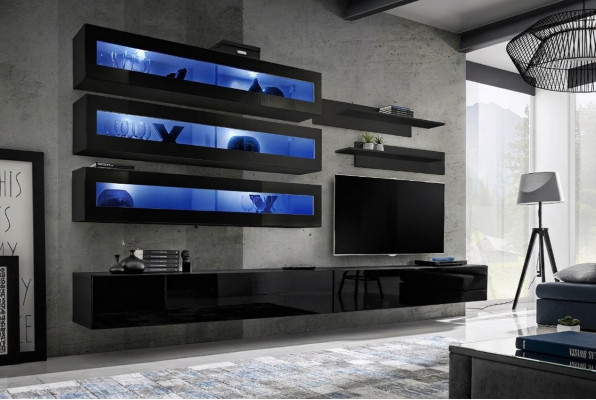 Woonkamerontwerp wandplank tv-standaard wandkast woonkamer hout inrichting nieuw.