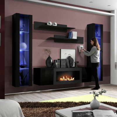 Volledige set 5-delig luxe woonkamer Zwart Designer Hangende Vitrine Houten Meubelen