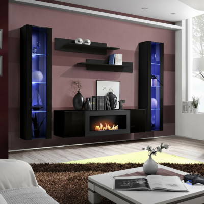 Volledige set 5-delig luxe woonkamer Zwart Designer Hangende Vitrine Houten Meubelen