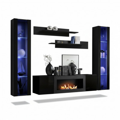 Volledige set 5-delig luxe woonkamer Zwart Designer Hangende Vitrine Houten Meubelen