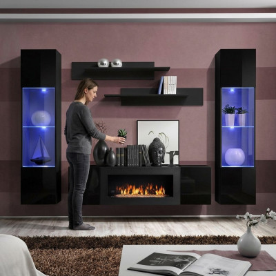 Ontwerper Zwarte woonwand Houten meubels Hangende vitrine Luxe dressoir Wandplanken
