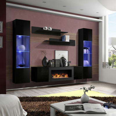 Ontwerper Zwarte woonwand Houten meubels Hangende vitrine Luxe dressoir Wandplanken