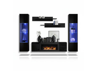 Ontwerper Zwarte woonwand Houten meubels Hangende vitrine Luxe dressoir Wandplanken