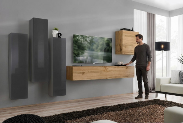 Modern woonwanden set 5-delig woonkamer grijs hout meubels kast tv-standaard nieuw