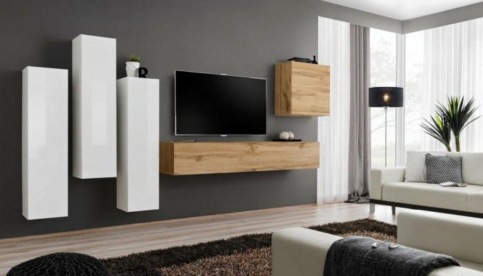 Moderne tv-standaard van hout, bruin woonkamermeubilair, nieuwe wandkast, woonkamerwand.