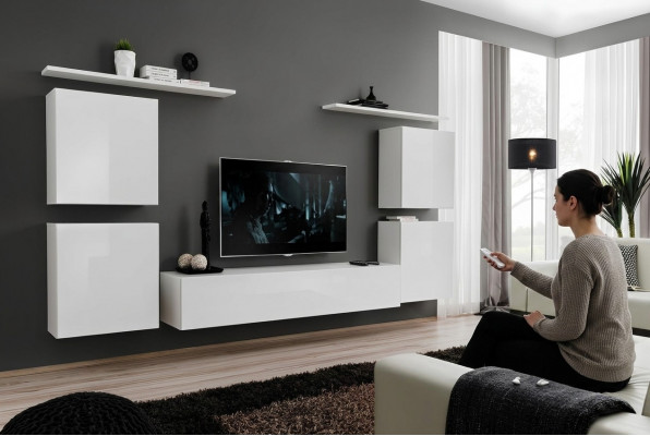 Compleet set van 7 stuks witte woonwand luxe inrichting modern tv-standaard